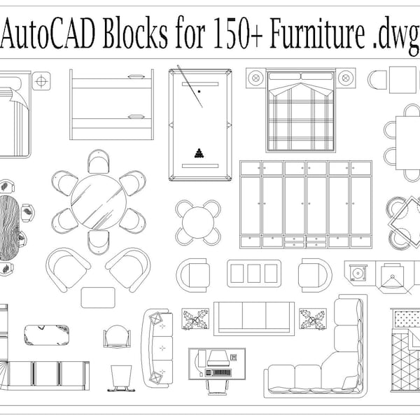 Autocad 2D DWG Furniture Block Drawings Templates –Home Decor set of 150+ - Bedroom, Kidsroom, Office, Livingroom, Diningroom