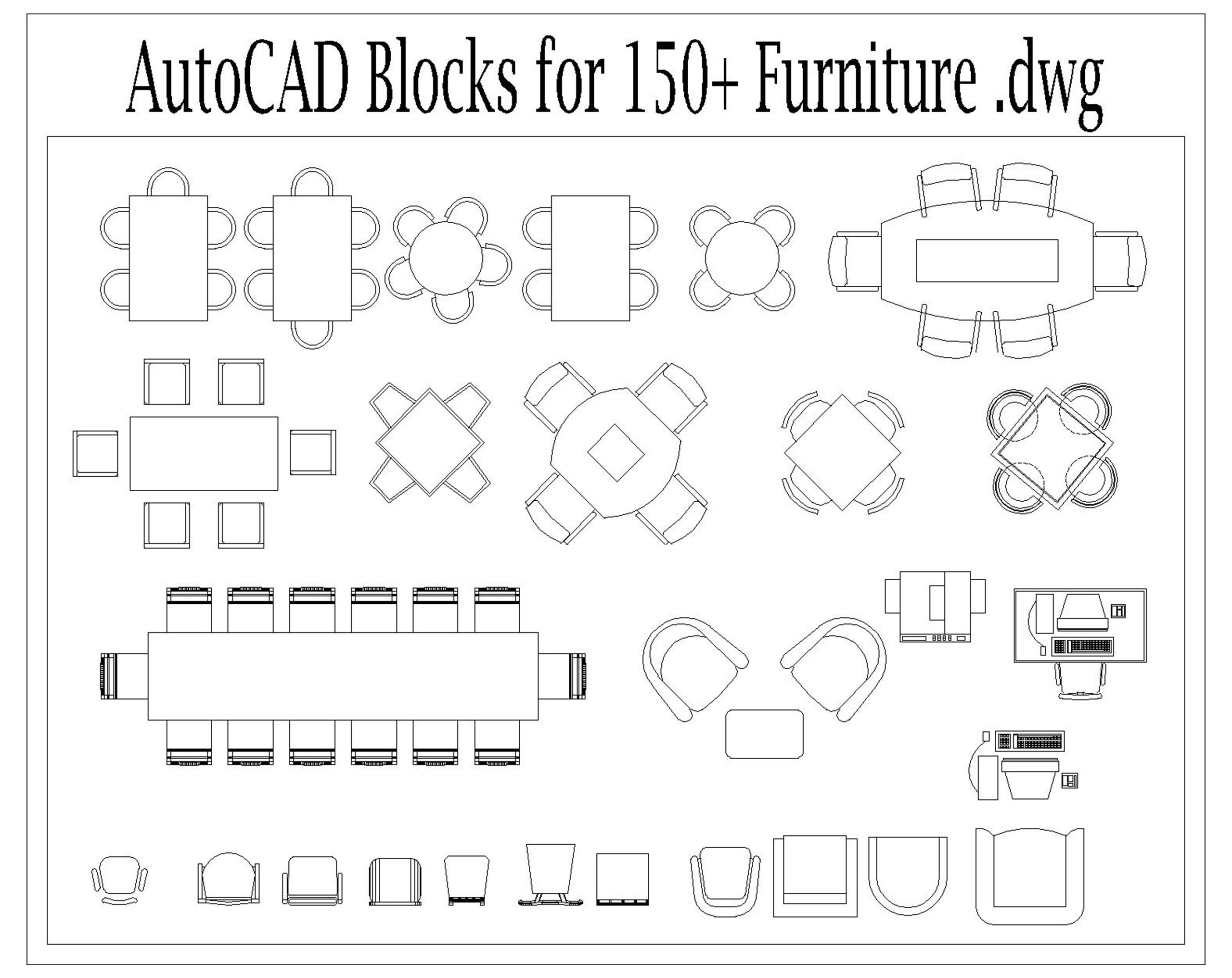 Autocad 2D DWG Furniture Block Drawings Templates home Decor Set of 150