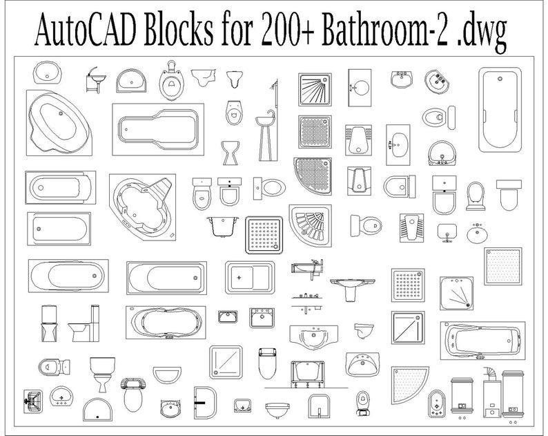 Autocad 2D DWG Bathroom Block Drawings Templates Vol.2 Bath Set of 200