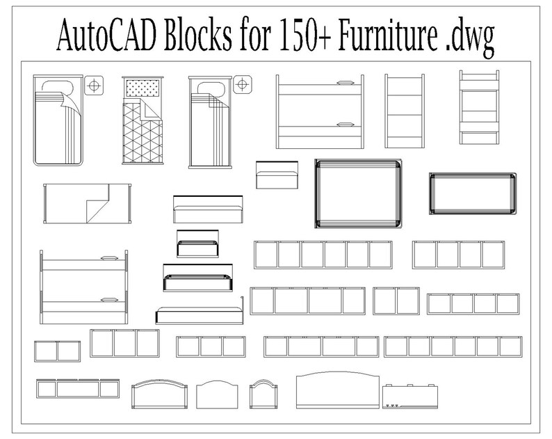 Autocad 2D DWG Furniture Block Drawings Templates home Decor Set of 150