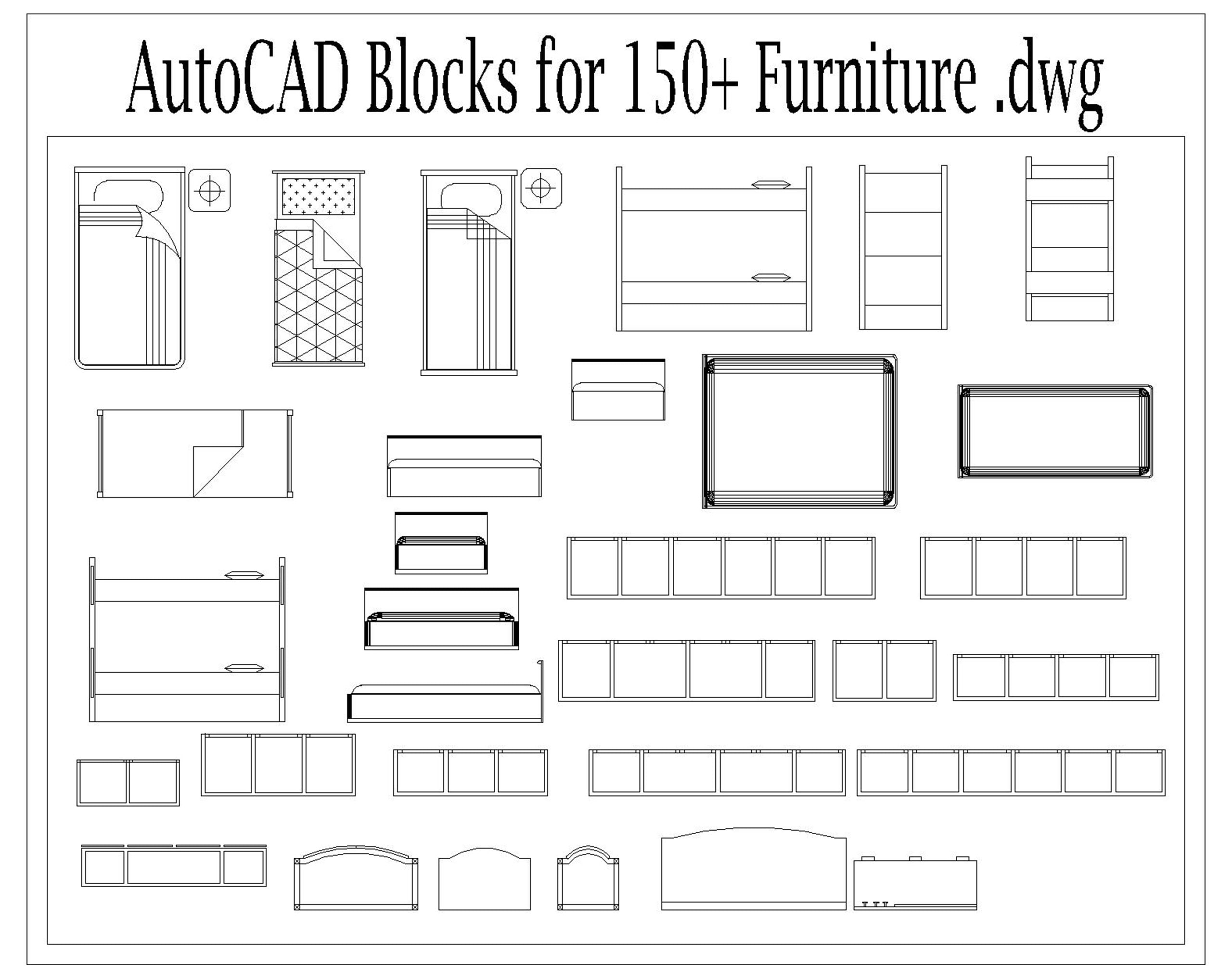 Autocad 2D DWG Furniture Block Drawings Templates home Decor Set of 150