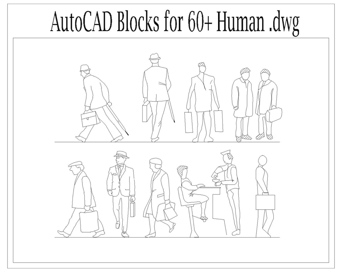 Autocad 2D DWG Human Block Drawings Templates People Set of 60 Disable