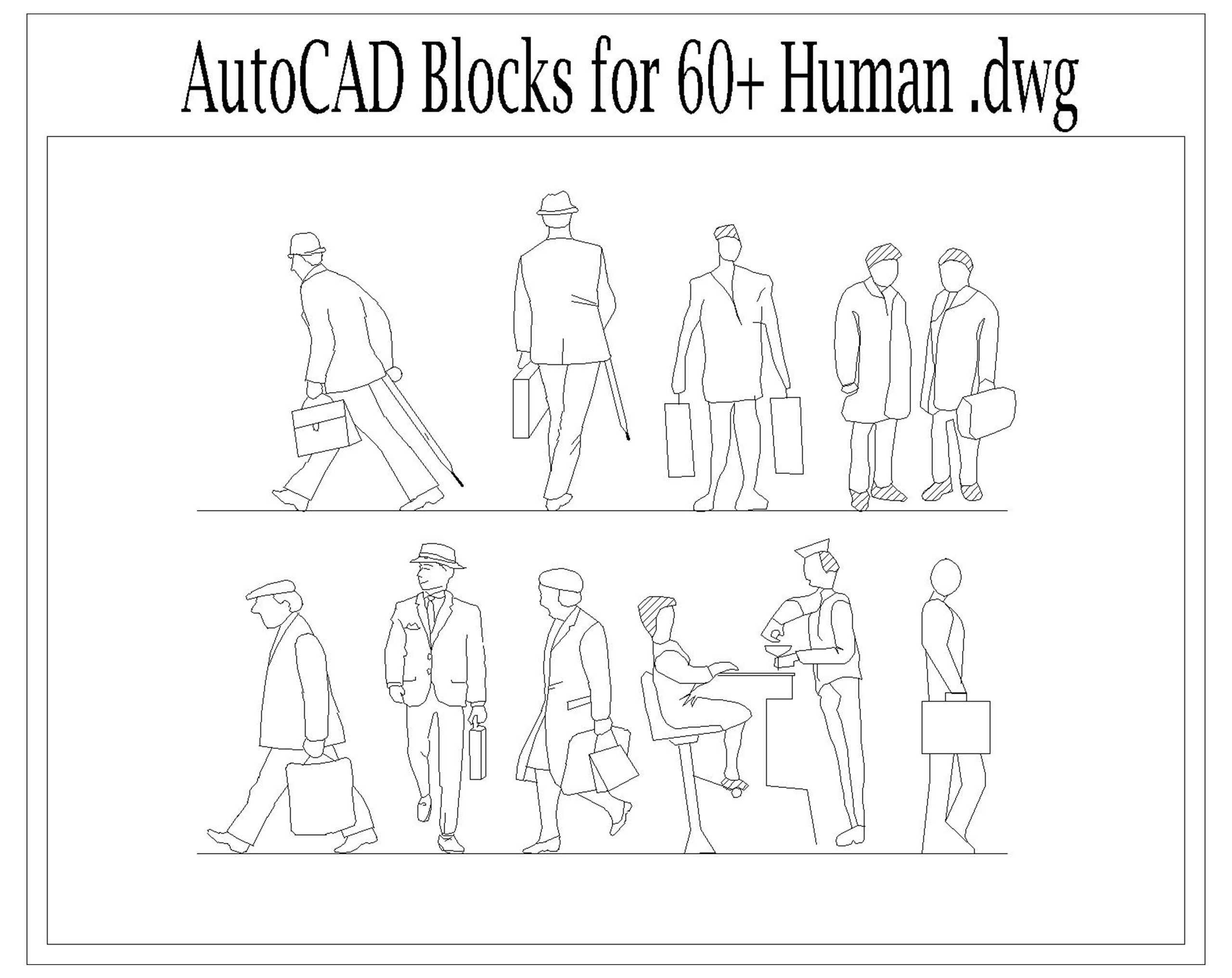 Autocad 2D DWG Human Block Drawings Templates People Set of 60 Disable