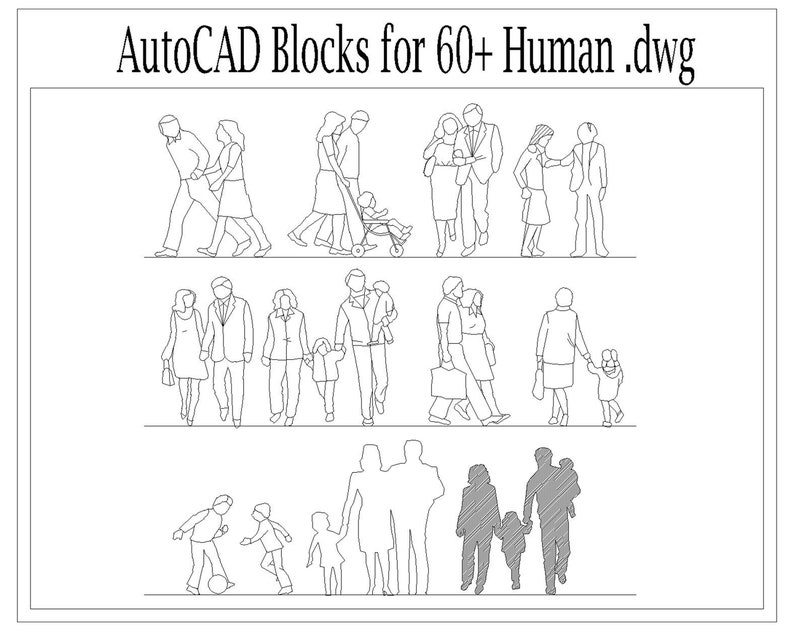 Autocad 2D DWG Human Block Drawings Templates People Set of 60 Disable