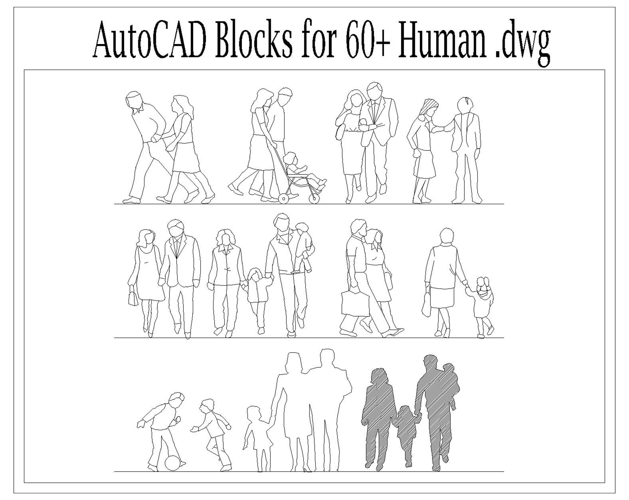 Autocad 2D DWG Human Block Drawings Templates People Set of 60 Disable