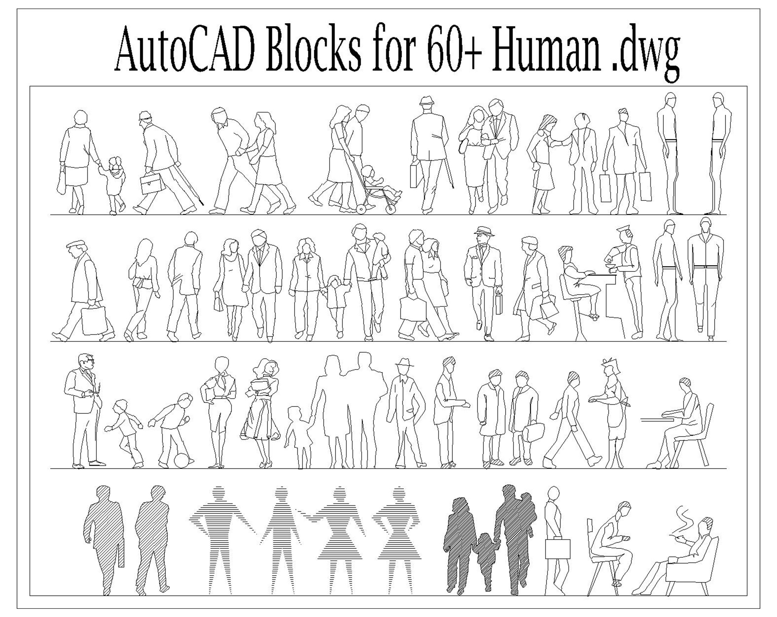 Autocad 2D DWG Human Block Drawings Templates People Set of 60 Disable