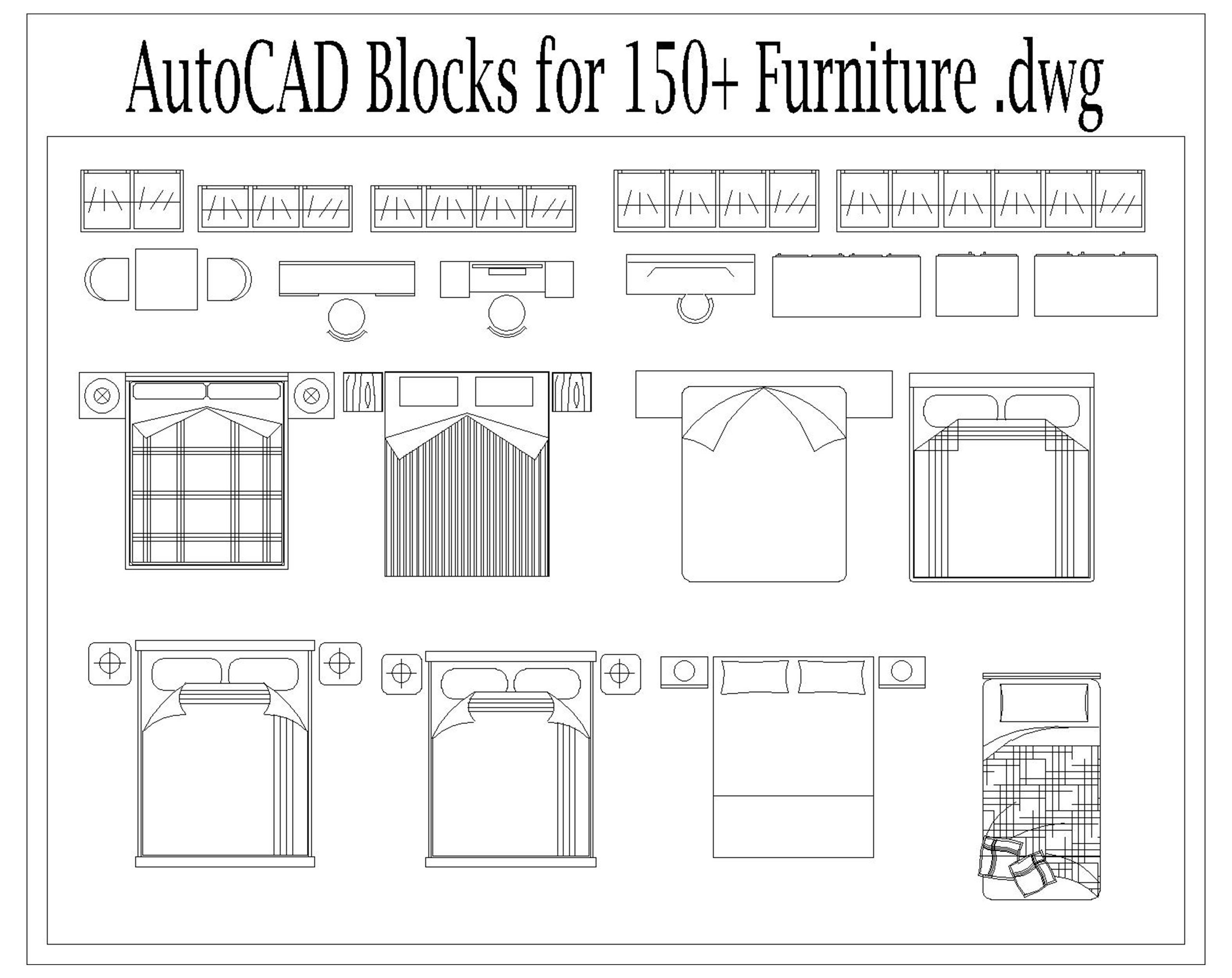 Autocad 2D DWG Furniture Block Drawings Templates home Decor Set of 150