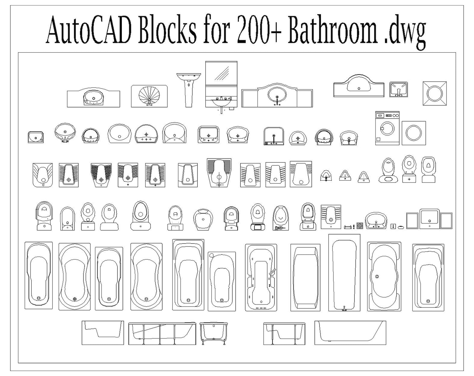 Autocad 2D DWG Bathroom Block Drawings Templates Bath Set of 200 Model ...