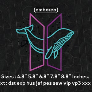 May include: A teal blue whale outline jumps through a purple and pink "BT" symbol. The background is black with white dots and circles. The text "embarea" is at the top of the image. The text "Sizes: 4.8" 5.8" 6.8" 7.8" 8.8" Inches." is at the bottom of the image. The text "Ext: dst exp hus jef pes sew vip vp3 xxx." is below the size text.
