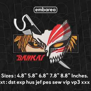 Puede incluir: Parche bordado para planchar con un personaje con una máscara roja y blanca y la palabra "BANKAI" en rojo. El parche está disponible en tamaños que van de 4,8 a 8,8 pulgadas.