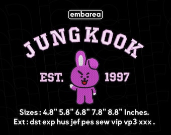 May include: Purple embroidered patch with the text "JUNGKOOK EST. 1997" and a cartoon bunny rabbit. The patch is available in sizes 4.8 inches to 8.8 inches. The text "Ext: dst exp hus jef pes sew vip vp3 xxx." is also included.