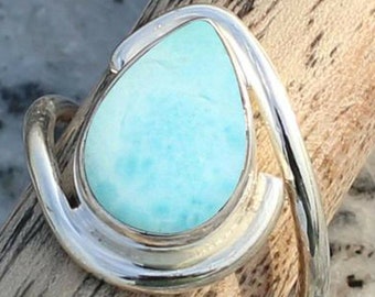 Natural Larimar Ring, Criss Cross Band , Gemstone Ring, 925 Sterling Silver, Handmade Ring, Gift For Her, Teardrop Gemstone, Blue Larimar