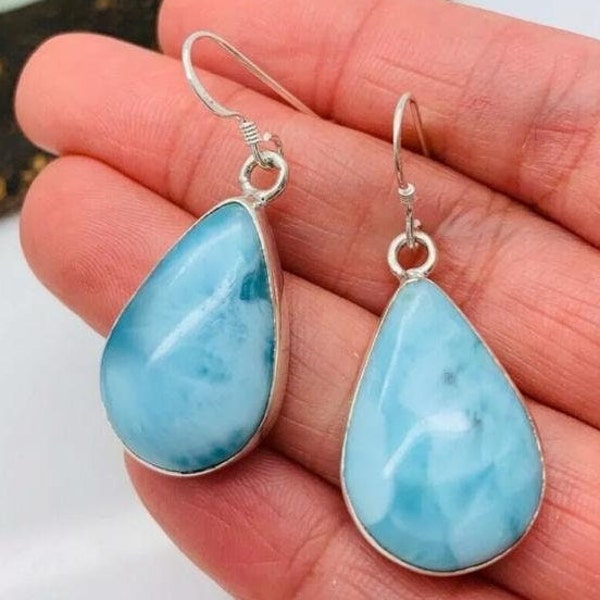 Solid 925 Sterling Silver Earring, Larimar Earring, Dangle Earring, Teardrop earring, Larimar, Ear Wire, AAA+ Quality Larimar