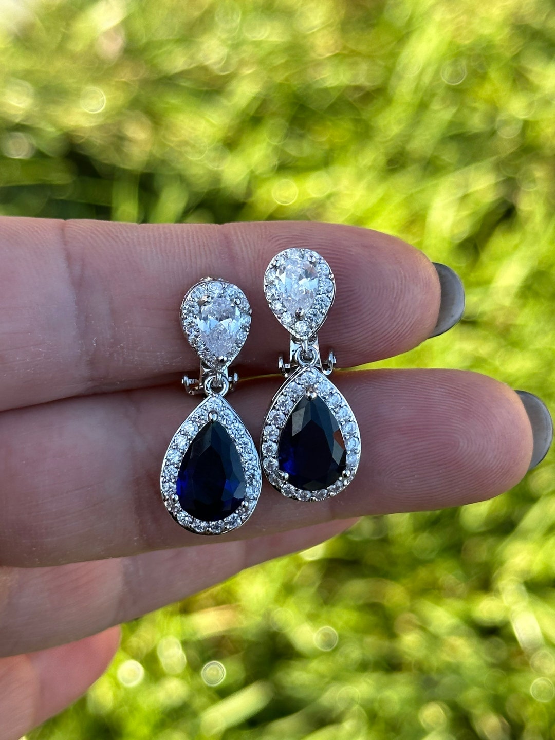 Sapphire Blue Clip on Earrings Bridal Clip on Earrings Non Pierced