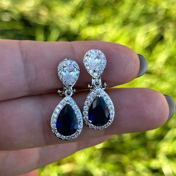 Sapphire blue clip on earrings bridal clip on earrings non pierced earrings wedding something blue clips earrings bridesmaid gift halo