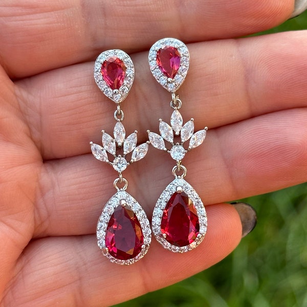 Ruby red zirconia bridal jewellery, red jewelry, wedding earrings, special occasion, bridesmaid, mother of bride red jewellery zirconia