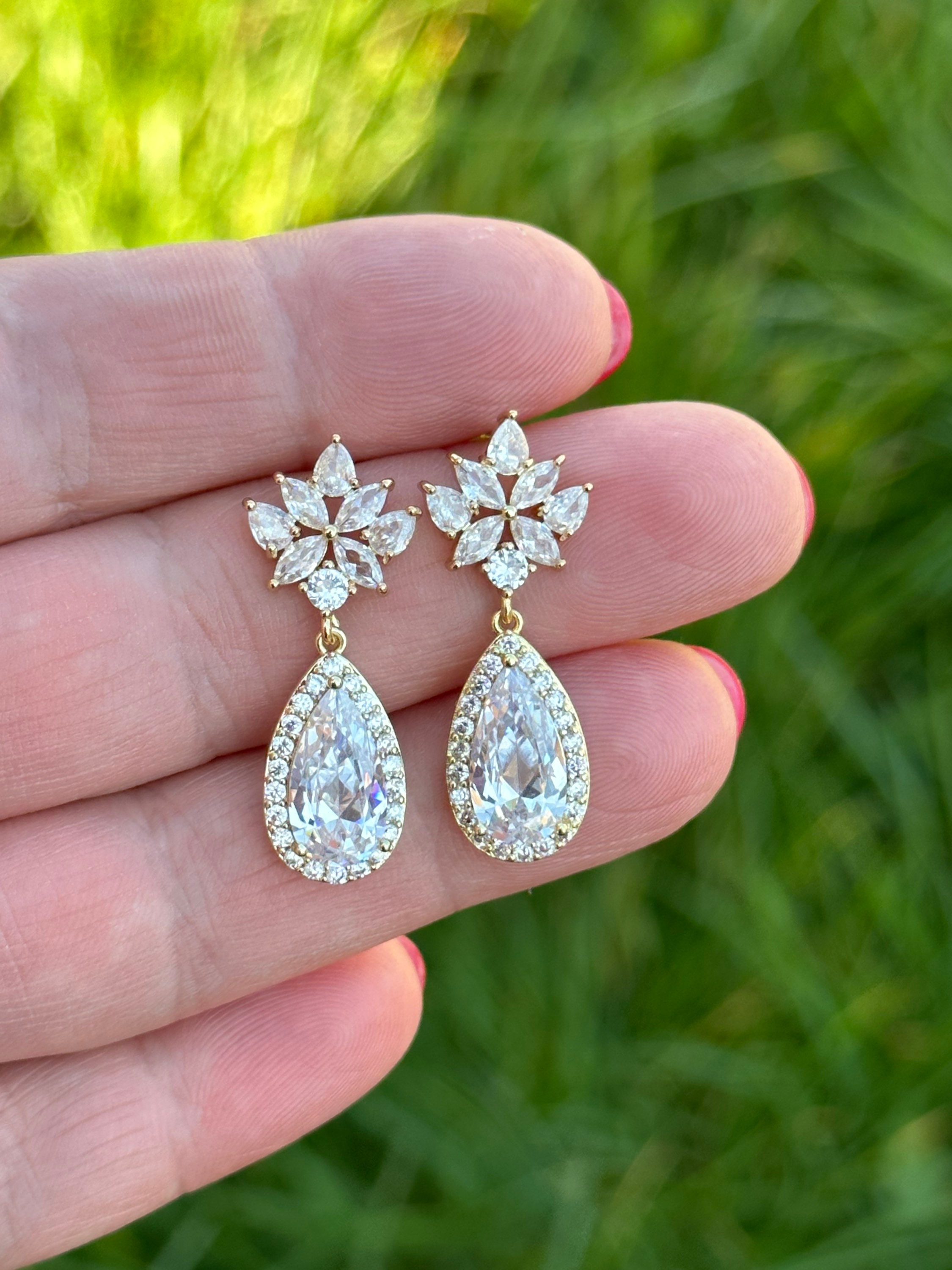 LoveintheairUKShop Small Gold Wedding Bridal Earrings Dangle Bride Jewelry Zirconia Bridesmaid Gold Jewelry Wedding Earrings Mother of Bride Zirconia