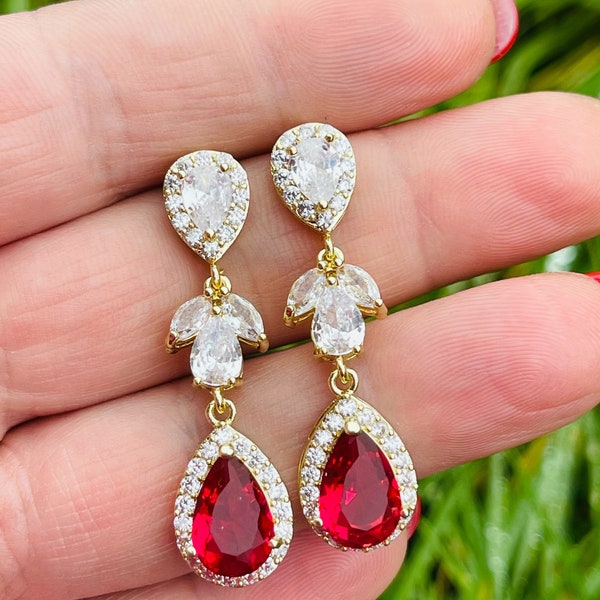 Gold ruby red dangle bride earrings gold wedding jewellery bridal jewelry gold zirconia earrings art deco earrings bridesmaid gift