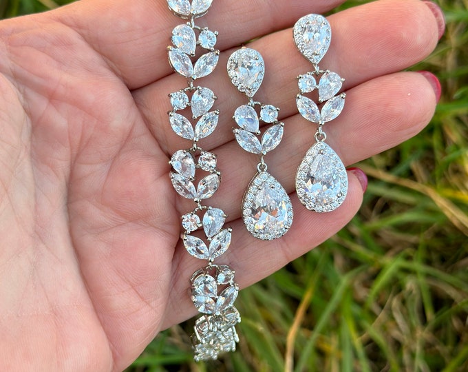 Silver crystal earrings and bracelet set  bridal jewellery set for bride bridesmaid zirconia bridal jewelry dangle earrings statement