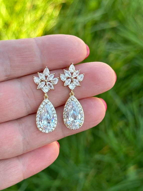 Small Gold Wedding Bridal Earrings Dangle Bride Jewelry Zirconia Bridesmaid Gold Jewelry Wedding Earrings Mother of Bride Zirconia. Etsy UK