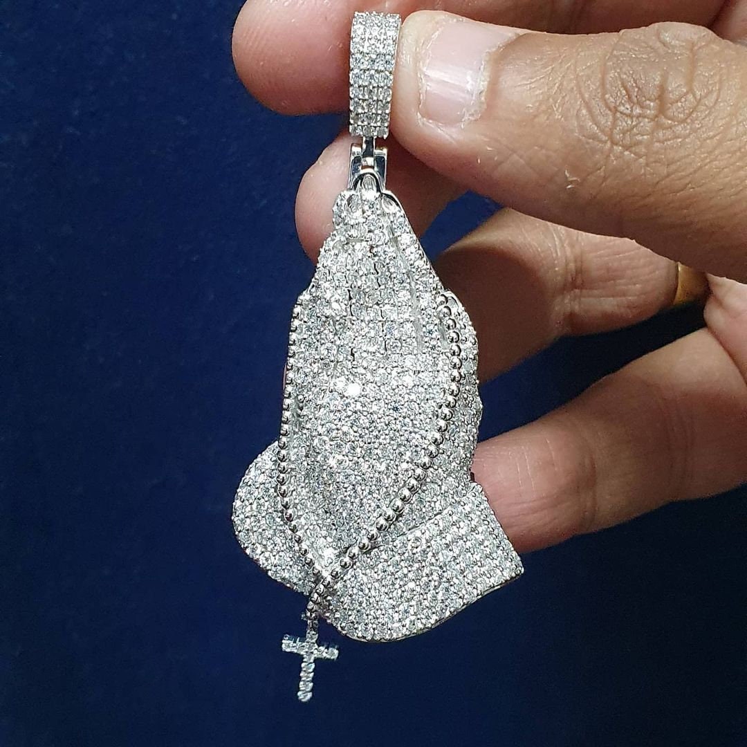 Iced Out Praying Hand Pendant Custom 925 Silver Ice Out Etsy