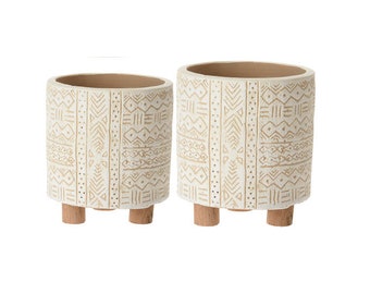 Set of 2 Small Cream Aztec Ceramic Plant Pot with Legs