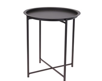 Black Round Metal Folding Table - Coffee Side Table - Furniture for Indoor Outdoor Garden