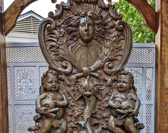 King Louis XIV Sun King Baroque Bronze Putti & Dolphins Wall Cherub Garden Fountain