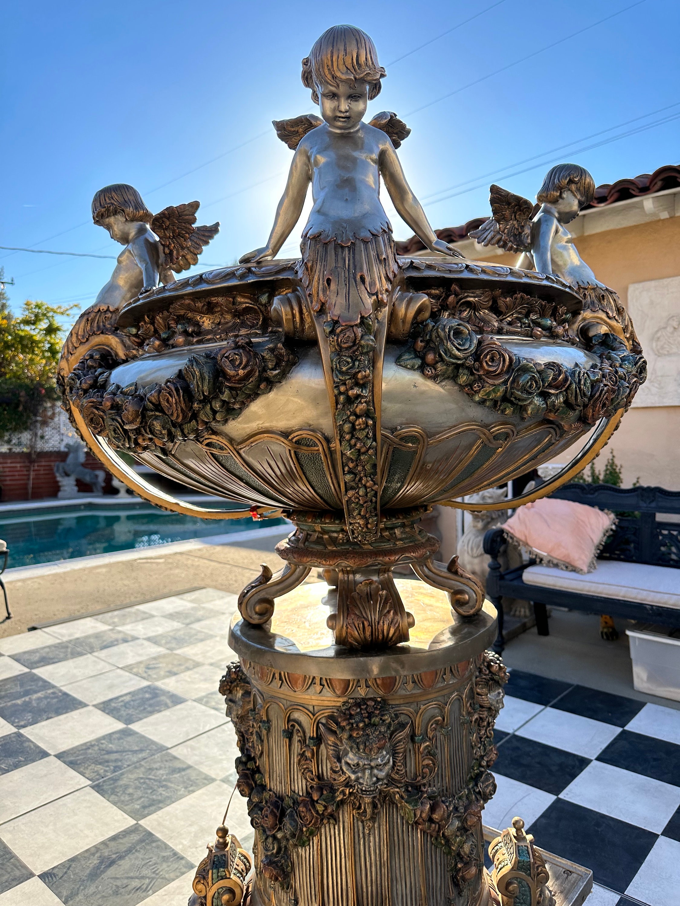 Monumental Bronze Sculpture Carved Cherubs Garland Vase Planter With Pedestal