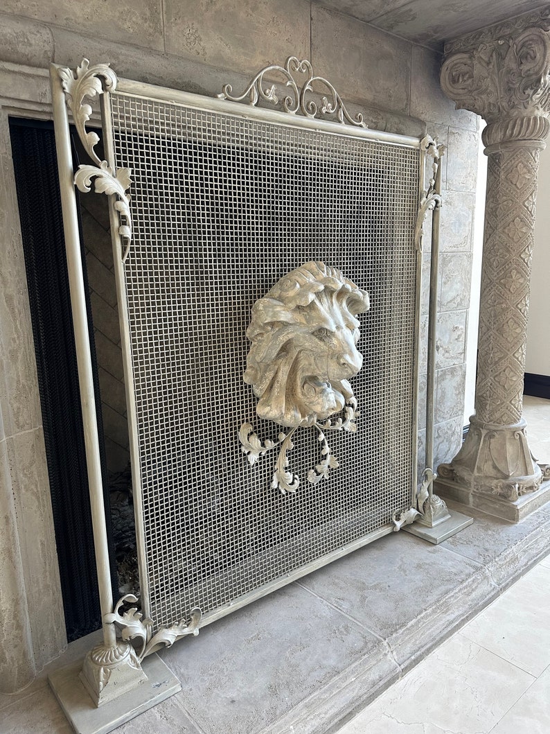 Elegant Ivory Lion Head Fireplace Screen image 4