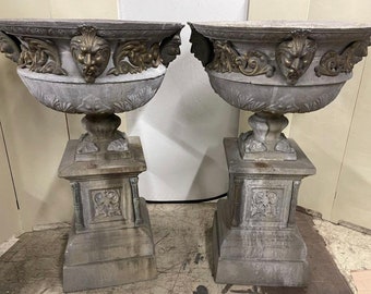 Pair of Monumental Antique Victorian Metal Garden Urns Planters & Pedestal