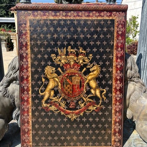 Wooden Tapestry Panel Medieval Crest Coat of Arms Crown Lion Horse Fleur-de-lis