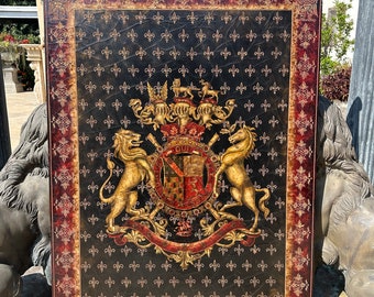 Wooden Tapestry Panel Medieval Crest Coat of Arms Crown Lion Horse Fleur-de-lis