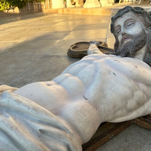 Religious 1898 Mission Antique French 10 Foot Sculpture of the Crucifixión of Jesus Christ on Wooden Cross