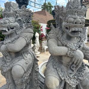 Pair of Ancient Hindu God Statues Sculptures Hand Carved with Lava Stone in Bali