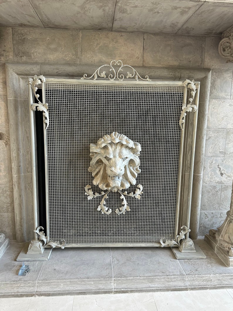 Elegant Ivory Lion Head Fireplace Screen image 5