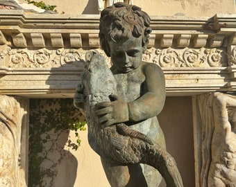 Antique Bronze Garden Fountain With Boy Sculpture Holding Koi Fish C.1870