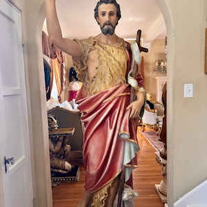 French Antique Life Size Religious Church Sculpture Statue Standing Holding a Cross with Sheep Lamb