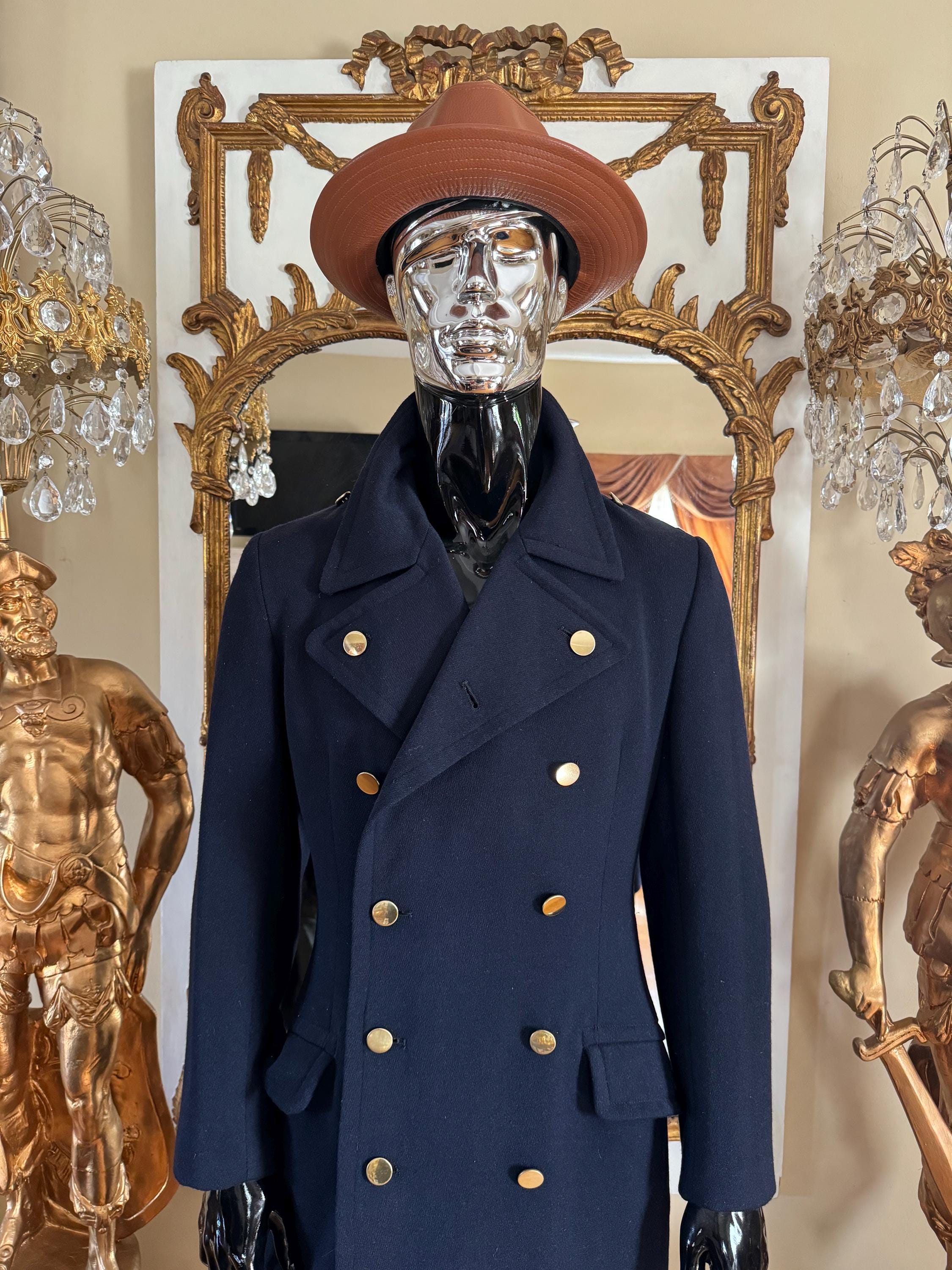 Men's Vintage Long Blue Navy M22 Fitted Trench Coat With