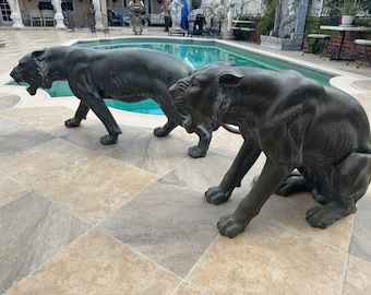 Large pair of wildlife animal prowling & roaring bronze tiger statues sculptures