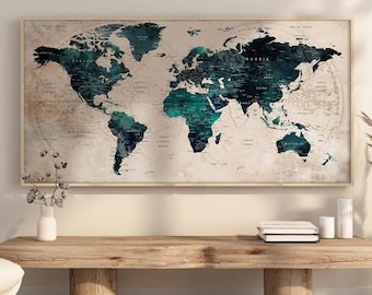 Moderne Weltkarte Poster: Großes türkisfarbenes Wandbild