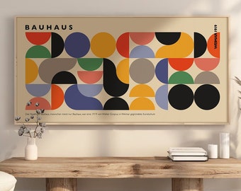 Plakat wystawy Bauhaus: Geometryczna sztuka ścienna w stylu Mid-Century Modern