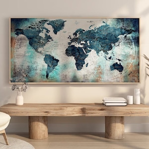Blaue Weltkarte über dem alten Papier - Reise Panorama Druck - Minimale Horizontale Wandkunst - Vintage Gemälde Druck - Boho Breite Wandkunst - F99