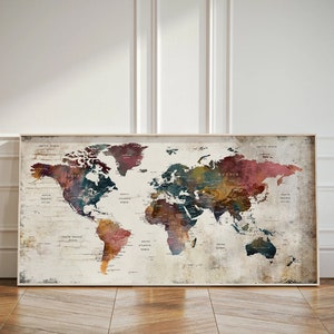 Halverwege de eeuw moderne wereldkaart print, moderne horizontale muur kunst print, abstracte kunst, geometrische push pin kaart muur decor, grote muur kunst-F91