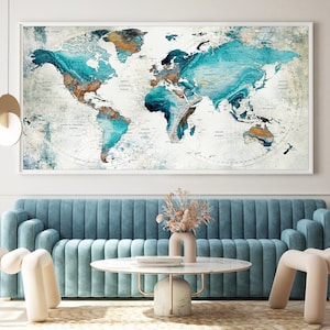 Push Pin Karte der Welt, Exekutive Style Travel Tracker Poster Wandkunst, Türkis großes personalisiertes Geschenk -F113