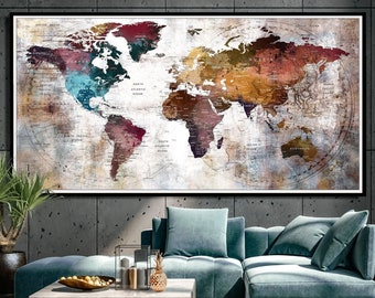 Arte mural con mapa del mundo grande: decoración de viaje con chinchetas multicolor