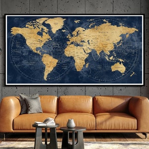 Weltkarte Poster Kunst Push Pin Pin Weltkarte Marine Blau Print Exklusive Karte Wandbehang Dekor für Wohnzimmer -F47