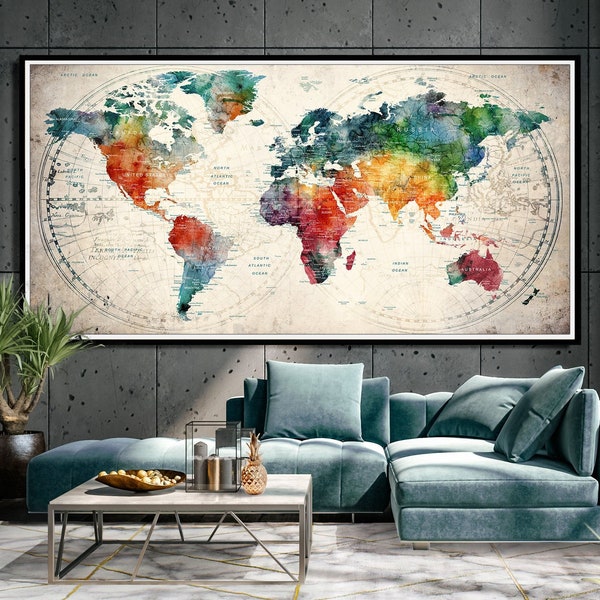 World Map Wall Art, Push Pin Travel Map, Large World Map, Home Gift, Office Decor, Living Room Wall Decor, Large Adventure Map -F66