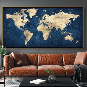 Push Pin World Map, póster de arte de pared personalizado marrón grande, regalos para sala de estar y decoración del hogar, arte de mapa mundial - M41