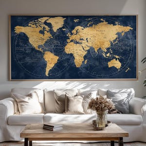 Marineblauwe kunstafdruk wereldkaart: reiskaart, decoratie woonkamer